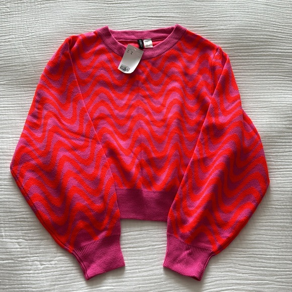 LAST CHANCE H&M bright pink & orange wavy jacquard sweater NEW - Picture 3 of 6